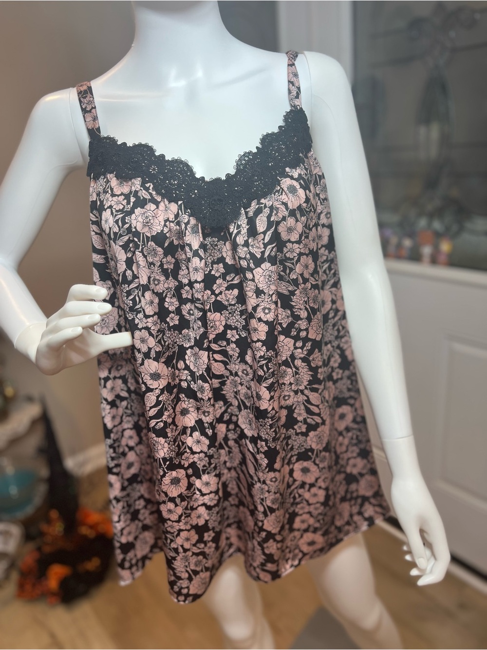 Lane Bryant Women's Black & Pink Floral Lace Trim Chemise